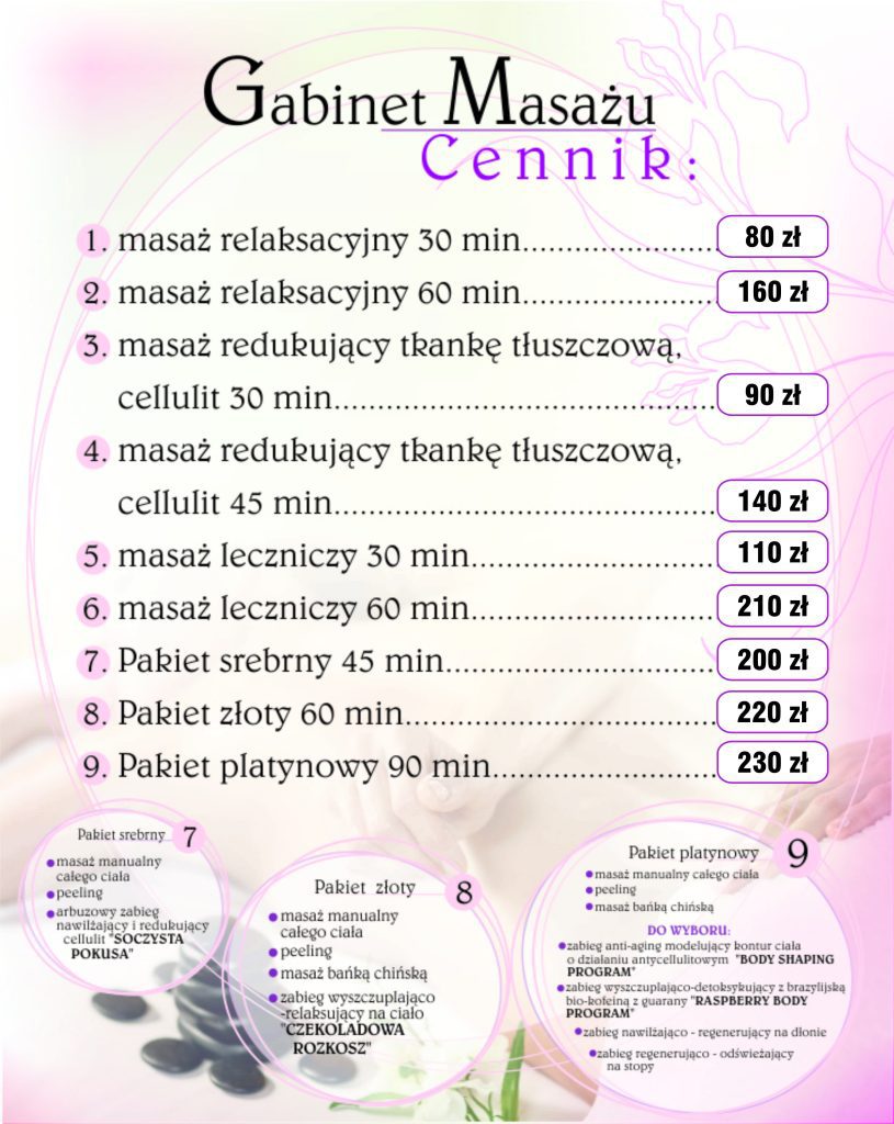 cennik gabinet masażu nemo