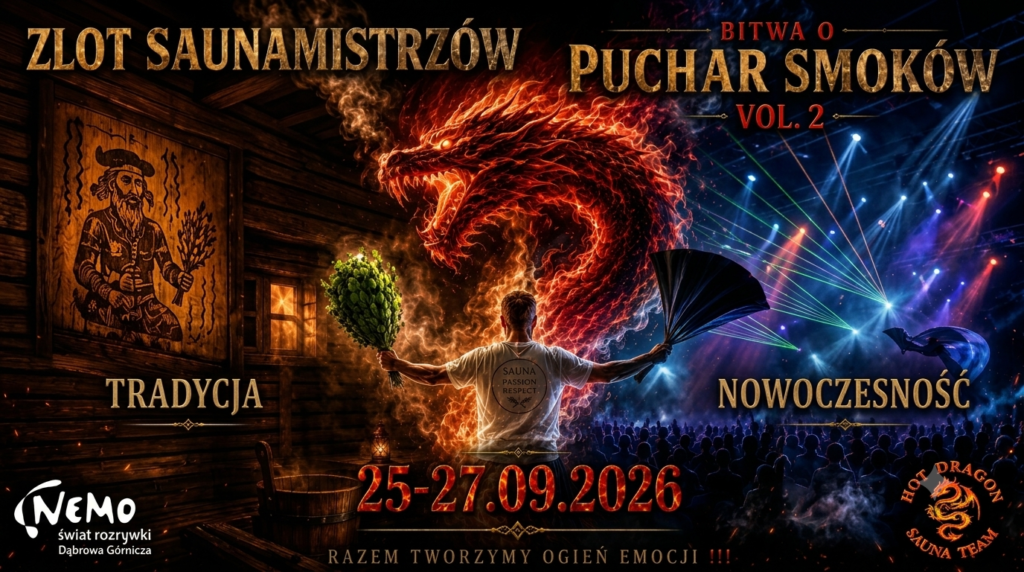 Tytuł wydarzenia: Zlot Saunamistrzów – Bitwa o Puchar Smoków Vol. 2. Hasło przewodnie: Razem tworzymy ogień emocji !!! Główny motyw graficzny: Postać saunamistrza od tyłu w białej koszulce z logo „Sauna Passion Respect”, trzymająca w lewej ręce witki brzozowe, a w prawej wachlarz. Nad nim znajduje się potężny, płonący smok z ognia. Strona lewa („TRADYCJA”): Wnętrze klimatycznej, drewnianej sauny z rzeźbionym obrazem, cebrzykiem z wodą i ciepłym, świecącym oknem. Strona prawa („NOWOCZESNOŚĆ”): Scena widowiskowa z ciemną widownią, oświetlona kolorowymi reflektorami i laserami. Informacje na dole: Data: 25-27.09.2026 (duży, czerwono-ognisty napis na środku). Logo po lewej: Nemo Świat Rozrywki Dąbrowa Górnicza. Logo po prawej: Hot Dragon Sauna Team (okrągłe logo z grafiką smoka).