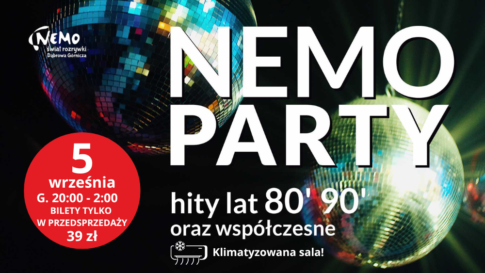 Plakat imprezy NEMO PARTY w Klubie AQUARIUM, 5 września w godz. 20:00–2:00. Zagra DJ Johnny Janusz Nowak (hity lat 80', 90' i współczesne). Bilety 39 zł w przedsprzedaży.