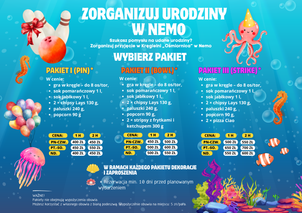 Infografika o tytule „ZORGANIZUJ URODZINY W NEMO” zachęca do urządzenia przyjęcia w Kręgielni „Ośmiornica” w Nemo. Tło grafiki jest niebieskie, z licznymi pęcherzykami powietrza i wizerunkami postaci podwodnych, takich jak ośmiornica w czapeczce urodzinowej, konik morski, meduza i błazenki. Grafika jest bogata w ilustracje, w tym balony, konfetti i prezenty. U góry znajduje się nagłówek z głównym hasłem i podtytułem: „Szukasz pomysłu na udane urodziny? Zorganizuj przyjęcie w Kręgielni ‘Ośmiornica’ w Nemo”. Poniżej umieszczono napis „WYBIERZ PAKIET”. Prezentowane są trzy pakiety urodzinowe, oznaczone kolorami: pomarańczowym dla Pakietu I, brązowym dla Pakietu II i fioletowym dla Pakietu III. Każdy pakiet oferuje grę w kręgle do 8 osób na tor, a różnice dotyczą dodatkowych przekąsek i jedzenia. Ceny dla każdego pakietu są podane w trzech kategoriach: PN-CZW (poniedziałek-czwartek), PT-SO (piątek-sobota) i ND (niedziela), z cenami dla 1 godziny i 2 godzin gry. Pakiet I (PIN) kosztuje od 400 zł do 550 zł. W cenie znajduje się gra w kręgle, soki, chipsy Lay’s, paluszki i popcorn. Pakiet II (BOWL) kosztuje od 450 zł do 600 zł. Oferuje to samo co Pakiet I, plus 2 x stripsy z frytkami i ketchupem (300 g). Pakiet III (STRIKE) kosztuje od 500 zł do 700 zł. Oprócz podstawowej oferty Pakietu I, zawiera również 2 x pizza Ciao. Pod pakietami znajduje się informacja: „W RAMACH KAŻDEGO PAKIETU DEKORACJE I ZAPROSZENIA”. Poniżej widnieje gwiazdka z dopiskiem: „Rezerwacja min. 10 dni przed planowanym wydarzeniem”. Na samym dole grafiki, w sekcji „WAŻNE!”, umieszczono uwagi: „Pakiety nie obejmują wypożyczenia obuwia. Możesz korzystać z własnego obuwia z białą podeszwą. Wypożyczenie obuwia na miejscu: 5 zł/para.”