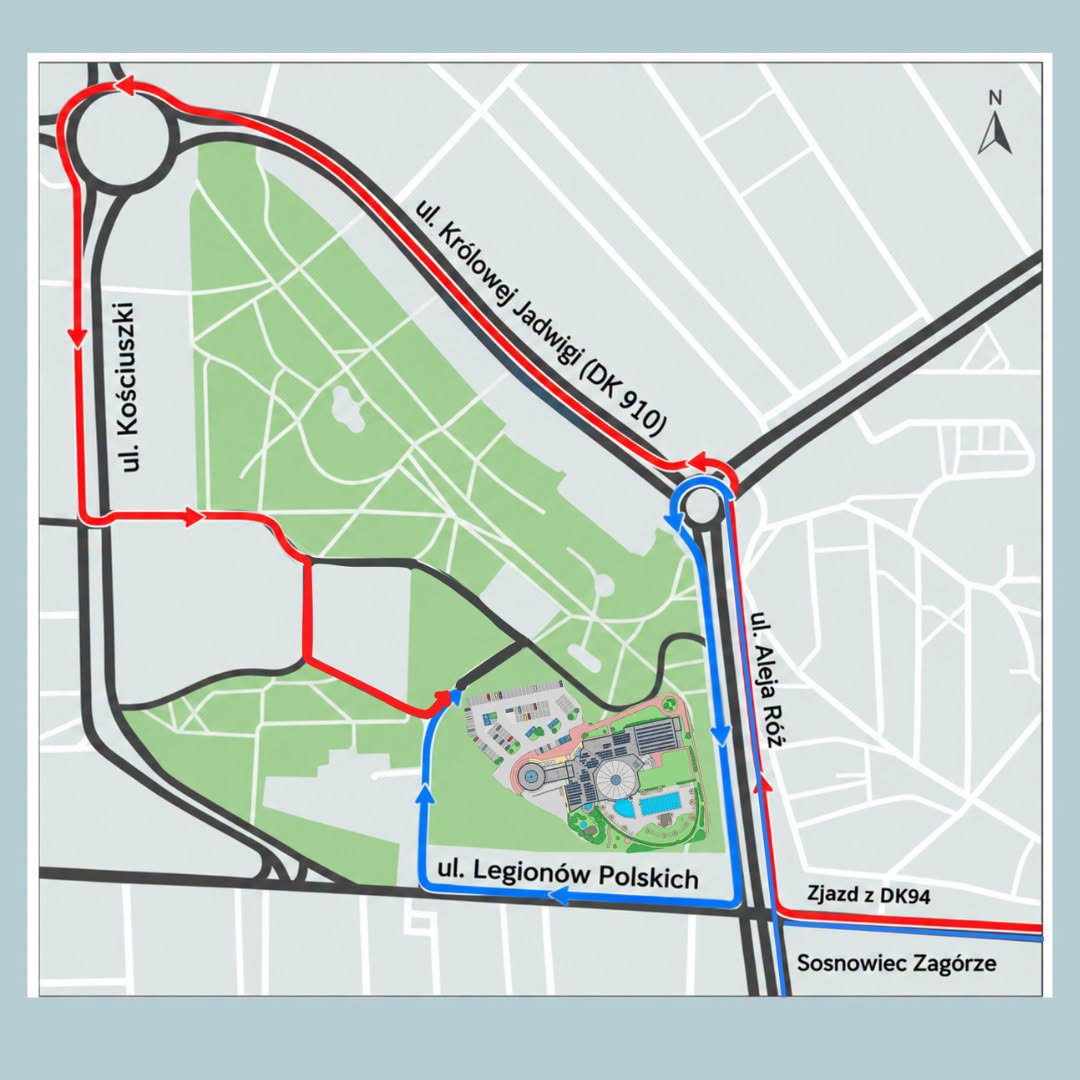 Mapa dojazdu do Aquaparku Nemo przedstawiająca dwa alternatywne warianty trasy (niebieski i czerwony) w związku z budową ronda.