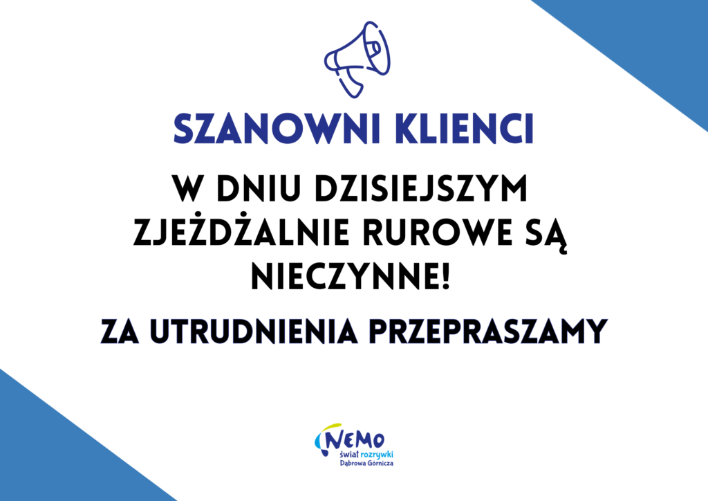 grafika z komunikatem, białe tło, lewy dolny ró i prawy górny róg sa niebieskie, na środku w górnej częsci grafiki znajduje sie obrazek przedstawiajacy megaFON, ORAZ napisy: Szanowni Klienci. w dniu dzisiejszym zjeżdżalnie rurowe są nieczynne! Za utrudnienia przepraszamy.