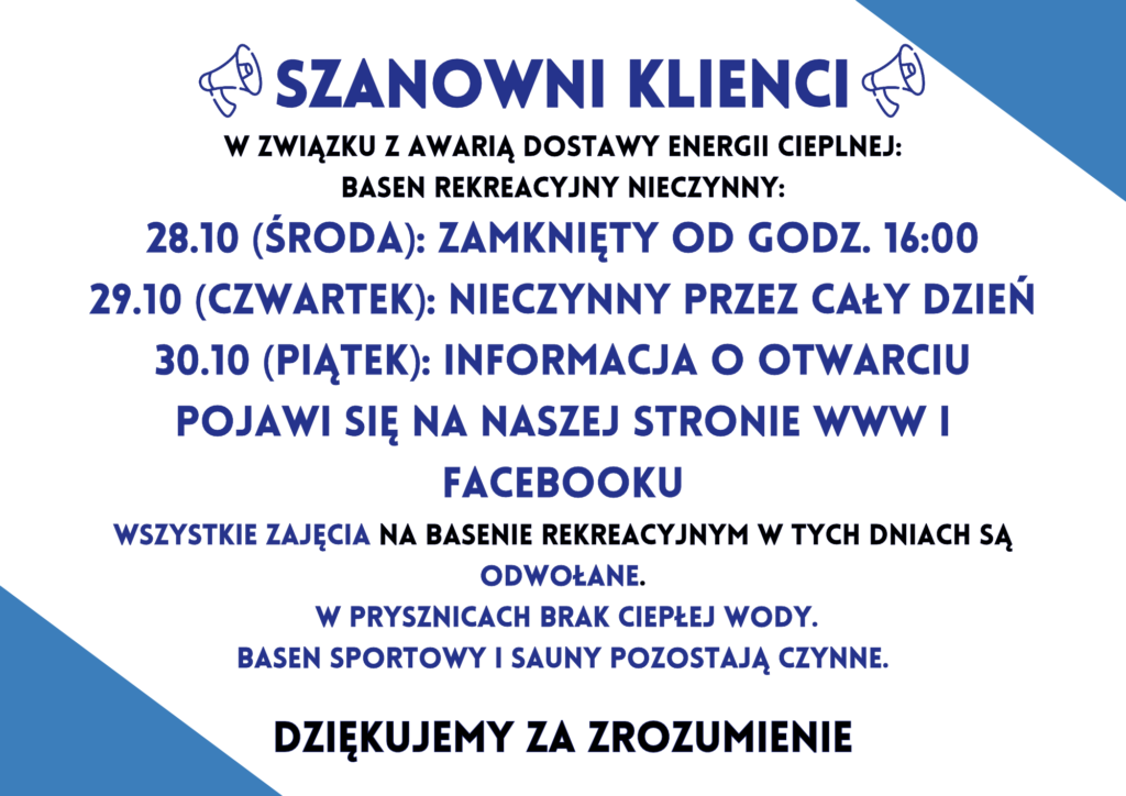 Pilny komunikat informacyjny o zamknięciu basenu rekreacyjnego w dniach 28–29 października z powodu awarii dostawy energii cieplnej.